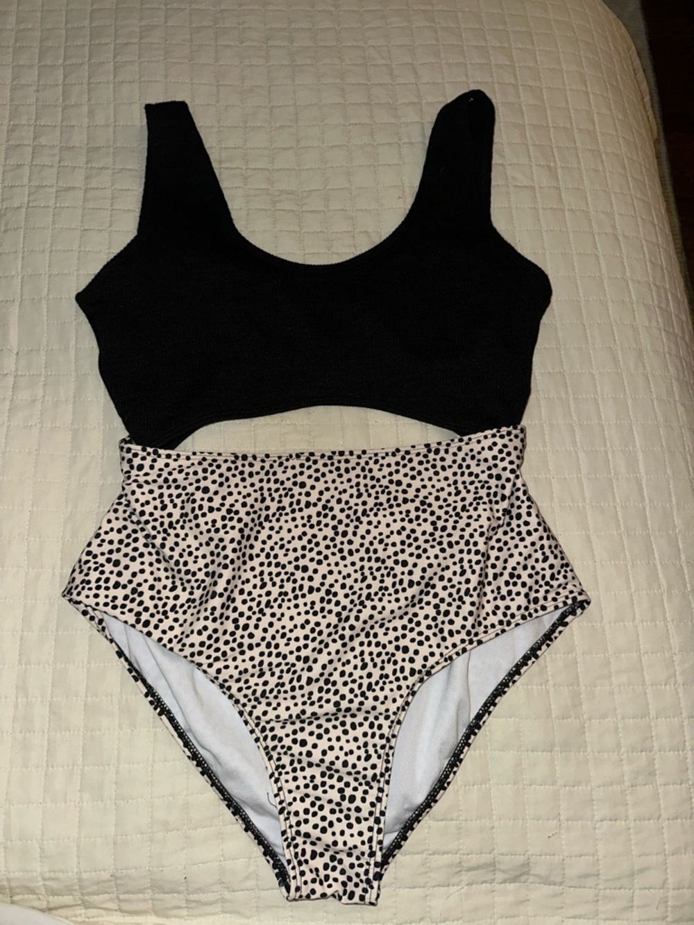 Amazon Black Scoop One-Piece with Cream and Black Dot High-Waist Bottom